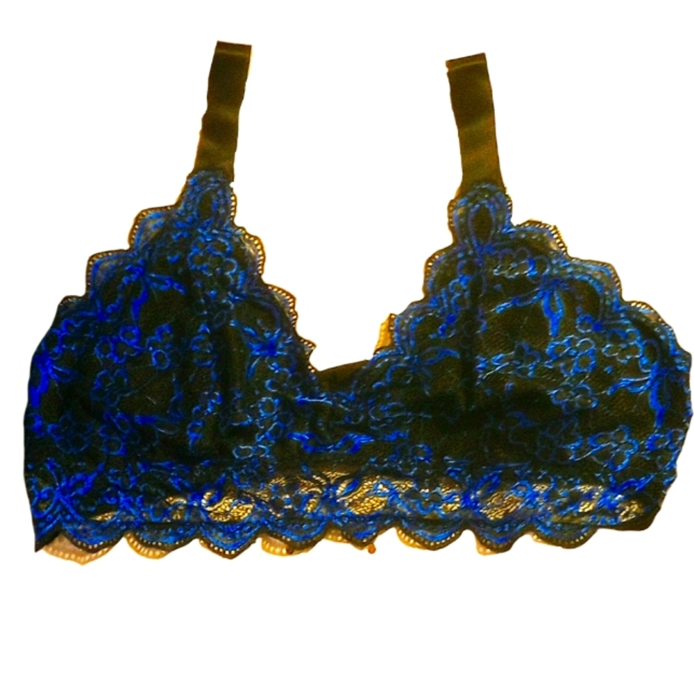 Plus Size Black Lace Bralette With Blue Embroidered Flower Pattern New 4XL Bra